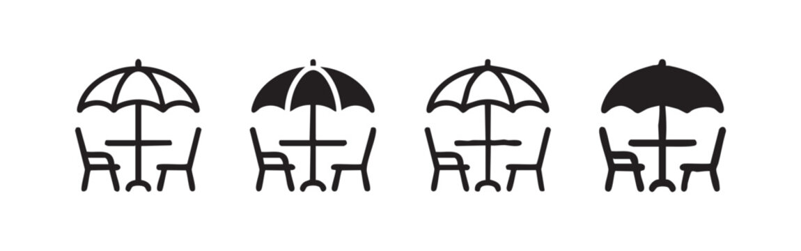 Outdoor cafe table with umbrella and chairs icon set. Restaurant terrace, patio dining, and leisure time symbol.