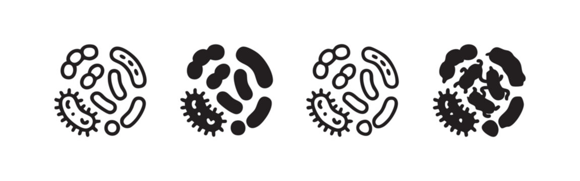 Microbiology and bacteria icon set. Various germs and microscopic organisms in a circular arrangement.