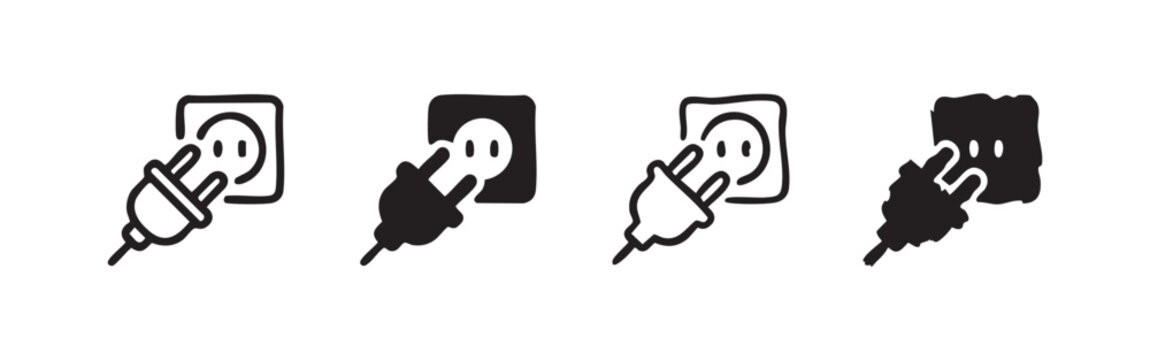Electrical plug and power outlet icon set. Charging, electricity connection, and energy supply symbol.