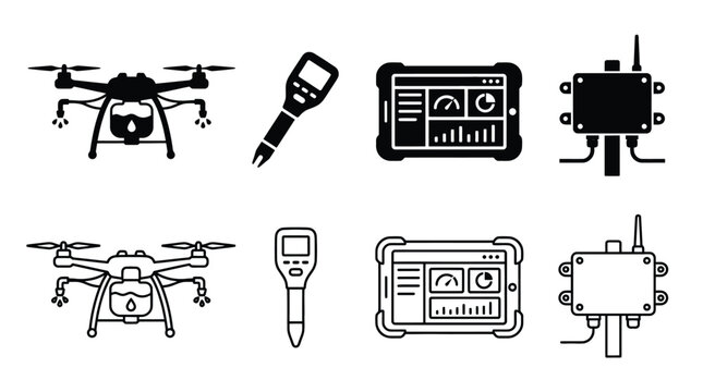 Smart farming technology icons set agricultural drone, soil sensor, farm data dashboard, and weather station