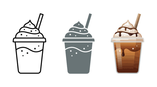 Set of three frappuccino style drinks with whipped cream and straws line art plastic cup drink icon beverage icon
