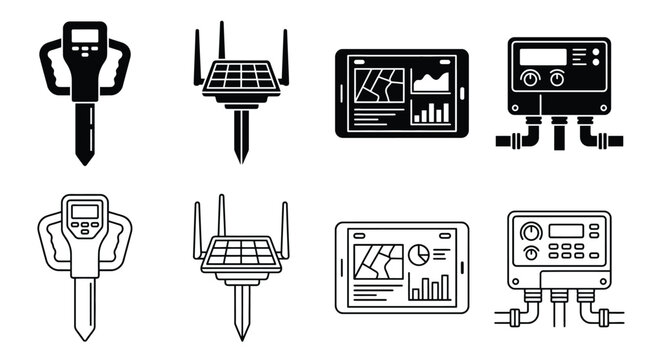 Set of icons for smart agriculture and precision farming icons include a soil moisture meter, a solarpowered sensor with antennas, a tablet displaying a map and data, and a control unit with pipes