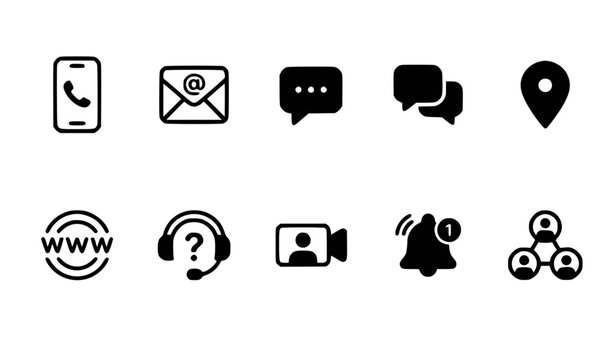 Modern contact and communication icon set 2025 flat vector illustration isolated on white background