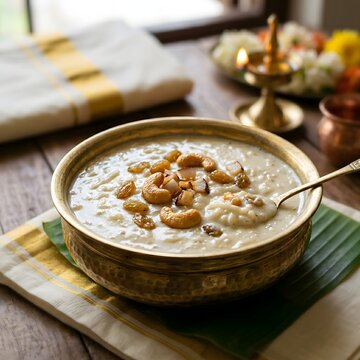 Traditional kerala payasam served in a brass bowl