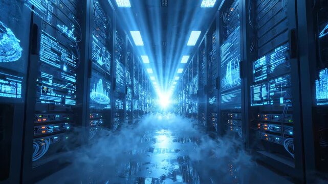 Futuristic data center room with glowing blue server racks displaying digital info and mist on floor, concept for big data infrastructure, cloud computing network and cybersecurity storage