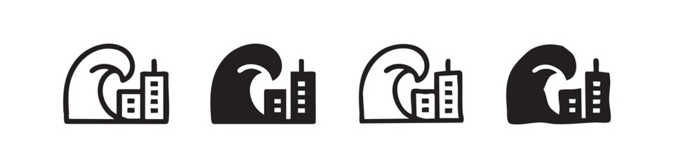 Icons of a tsunami wave hitting a city, symbolizing disaster, destruction, and natural forces © liubomir118809