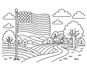 Fototapeta premium American flag on pole in countryside with farm buildings and trees peaceful landscape.