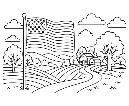 American flag on pole in countryside with farm buildings and trees peaceful landscape.