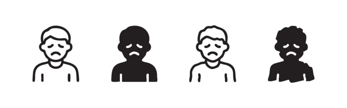 Sad Person Icons: Outline, Solid, Textured, and Jagged Variations