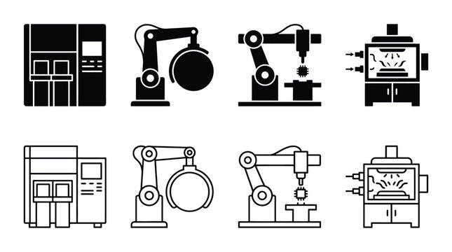 Set of industrial manufacturing and robotic automation icons vector illustration of factory machinery, robotic arms, and production equipment in solid and outline styles