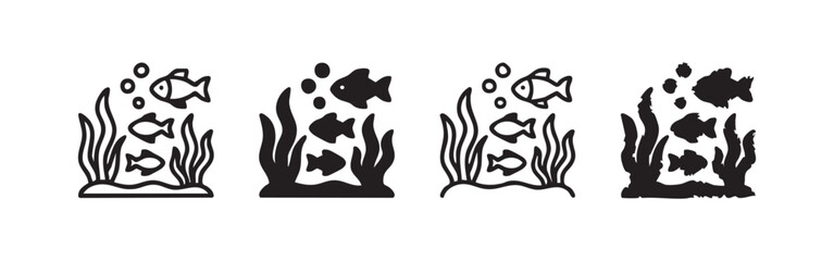 Aquarium Icon Set: Fish and Seaweed in Outline and Silhouette © liubomir118809