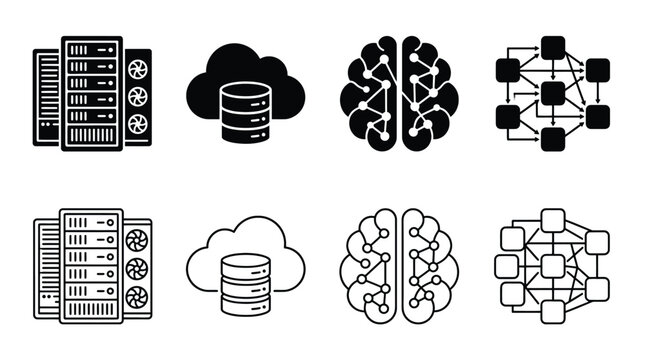 Technology and ai icons set server, cloud database, artificial intelligence, and blockchain symbols in glyph and line style