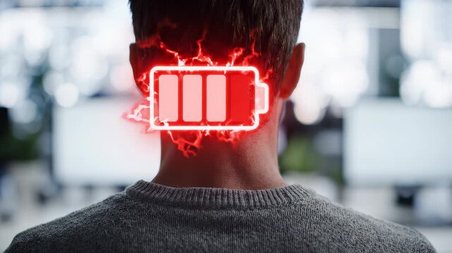 Back view of a corporate manager sitting at a desk with a glowing red low battery icon on his neck, concept for professional burnout, workplace mental health and employee exhaustion
