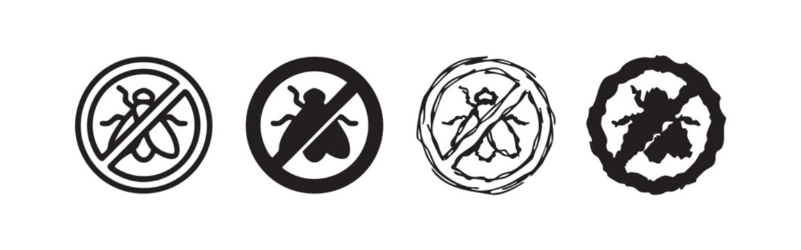 No Flies Icon Set: Insect Repellent Symbol in Outline and Silhouette