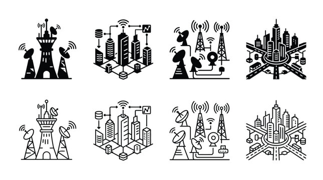 Set of icons representing smart city technology, including communication towers, data servers, and cityscapes with wireless signals