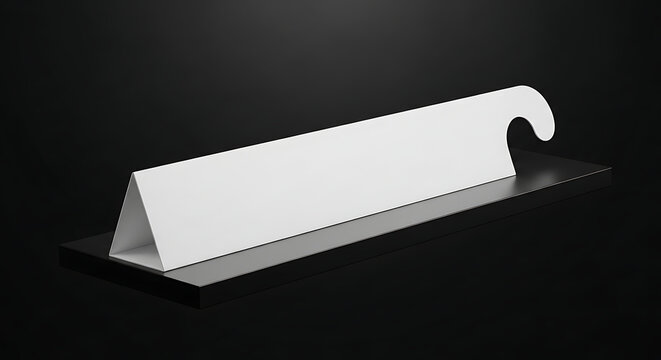 Blank retail shelf wobbler on display edge for marketing signage, promotional hanging sign mockup, point of sale advertising display