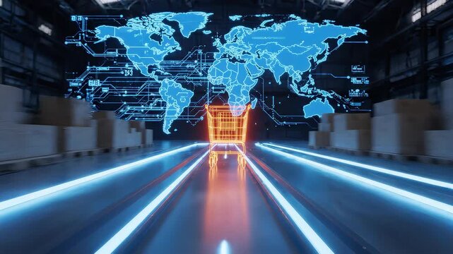 Glowing holographic shopping cart moving through high speed motion blurred warehouse aisle with world map, concept for global logistics technology, smart supply chain and automated distribution