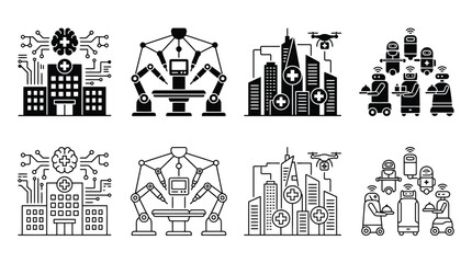 Fototapeta premium Set of smart hospital icons, including aidriven healthcare facilities, robotic surgery systems, medical drone delivery services, and automated service robots for patient care