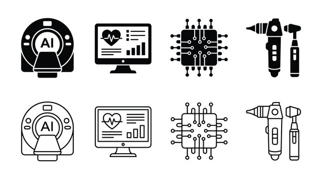Set of medical technology icons, including aipowered ct scanner, health monitoring dashboard, computer chip, and otoscope