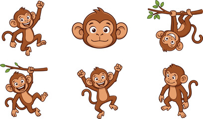 Fototapeta premium Cute Monkeys Playing, Hanging from Trees, and Showing Joyful Expressions for Fun Animal Illustrations
