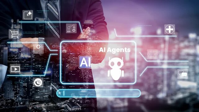 Professional businessman standing confidently with artificial intelligence agents and digital icons representing technology and innovation in a futuristic city. Gluon.