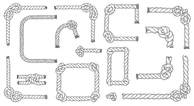 Collection of various rope frames, borders, and decorative nautical knots illustrated in a hand-drawn vintage sketch style on a white background.