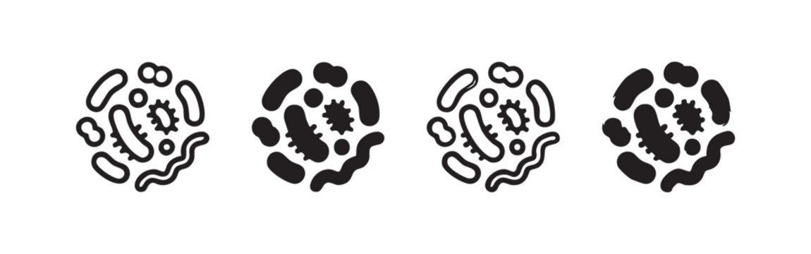Microbes and bacteria icons set. Various microorganisms, pathogens, viruses, and cells in a circular shape.