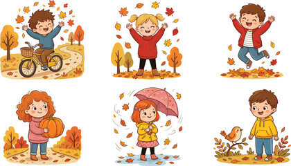 Naklejka premium Children Enjoying Fall Activities, Playing with Leaves, Riding Bikes, and Celebrating Autumn with Pumpkins and Birds