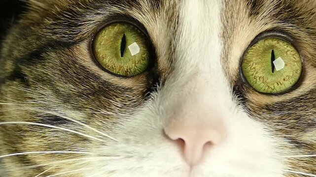 Extreme macro close up of tabby cat face showing green eye, nose, and whiskers. Detailed feline portrait looking at camera.