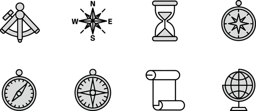 Vintage navigation and exploration icon set featuring nautical compasses sextant hourglass world globe and paper scroll for travel and history design