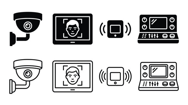 Set of security and surveillance icons, including cctv camera, facial recognition, motion sensor, and control panel, vector illustration