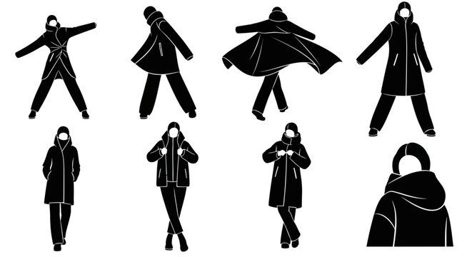 Set of woman silhouettes in winter coats, various poses for fashion