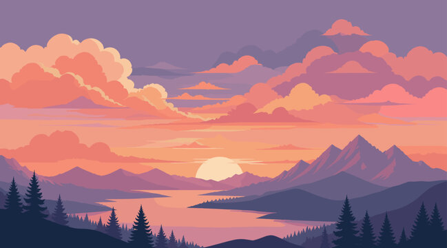 A serene digital illustration of pine tree silhouettes against a purple dusk sky, perfect for calming backgrounds and nature themes.