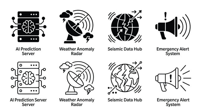 Set of disaster management and prediction technology icons, including ai server, weather radar, seismic data hub, and emergency alert system, vector illustration