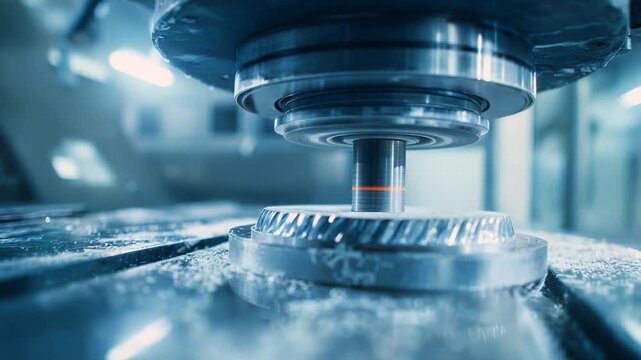 Computer numerical control machine tool working on a metal workpiece, shaping material with precision and cooling during a high tech manufacturing process