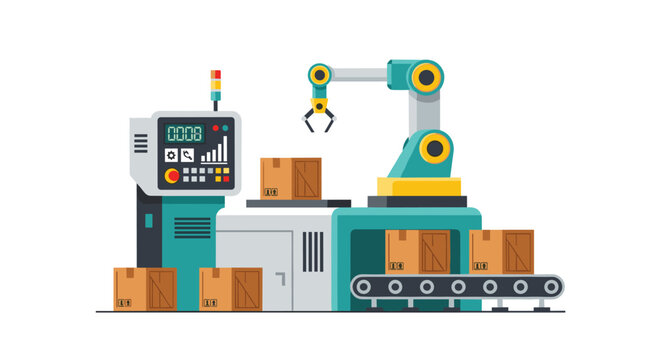A teal robotic arm transfers wooden crates from an industrial conveyor belt next to a digital monitoring station displaying active production counts in a warehouse.