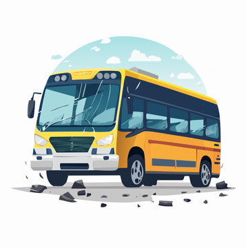 Yellow school bus with cracked windshield on rocky ground