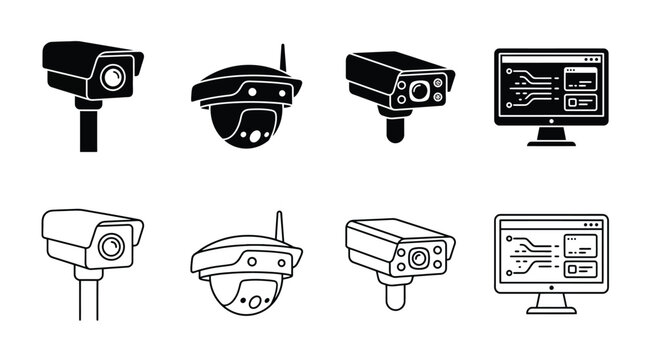 Set of security camera icons, surveillance system, cctv, video monitoring, digital protection, vector illustration