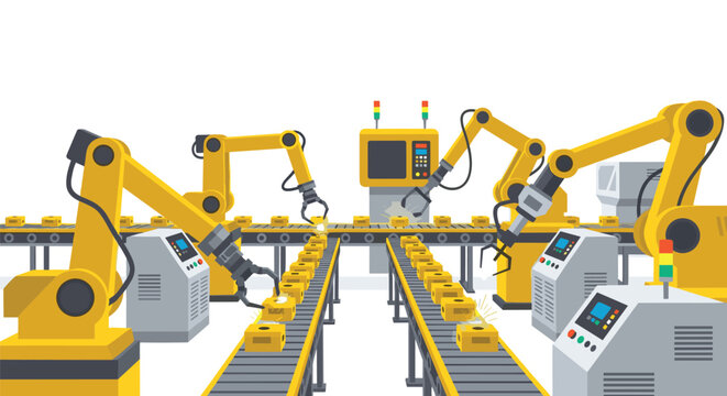 Multiple yellow articulated robotic arms perform precision welding tasks on small metallic cubes moving along parallel conveyor belts within a high-tech manufacturing plant.