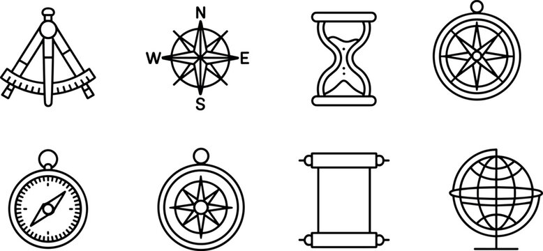 Vintage navigation and exploration icon set featuring nautical compasses sextant hourglass world globe and paper scroll for travel and history design