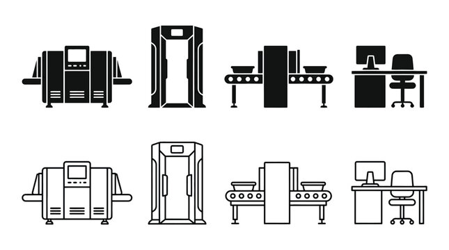 Airport security checkpoint icons set baggage xray scanner, walkthrough metal detector, conveyor belt with trays, and security officer desk vector illustration