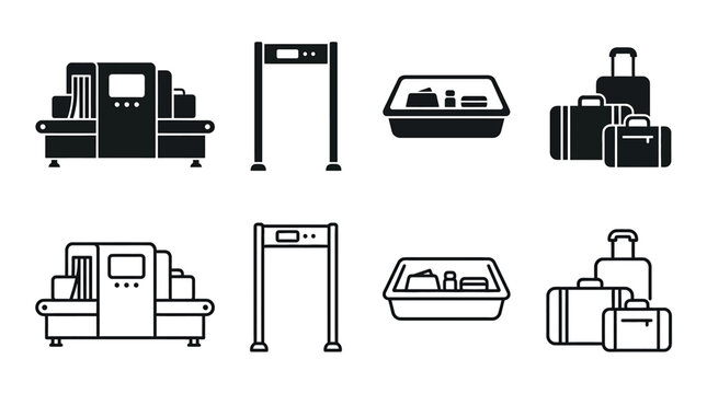 Airport security icons set baggage xray scanner, walkthrough metal detector, security bin with personal items and luggage vector illustration of travel safety check process