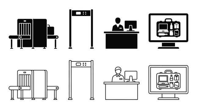 Airport security and baggage screening icons set vector illustration of xray scanner, metal detector, security officer at desk, and monitor showing suitcase contents in solid and outline styles