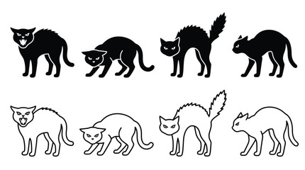 Set of black and white silhouettes of angry cats with arched backs and hissing expressions © PixelAura_Studio