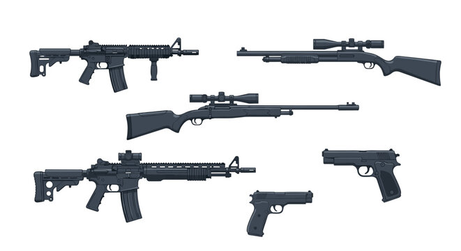 A diverse collection of tactical firearms including two rifles with mounted scopes and three handguns are arranged on a clean white surface with gray tones.