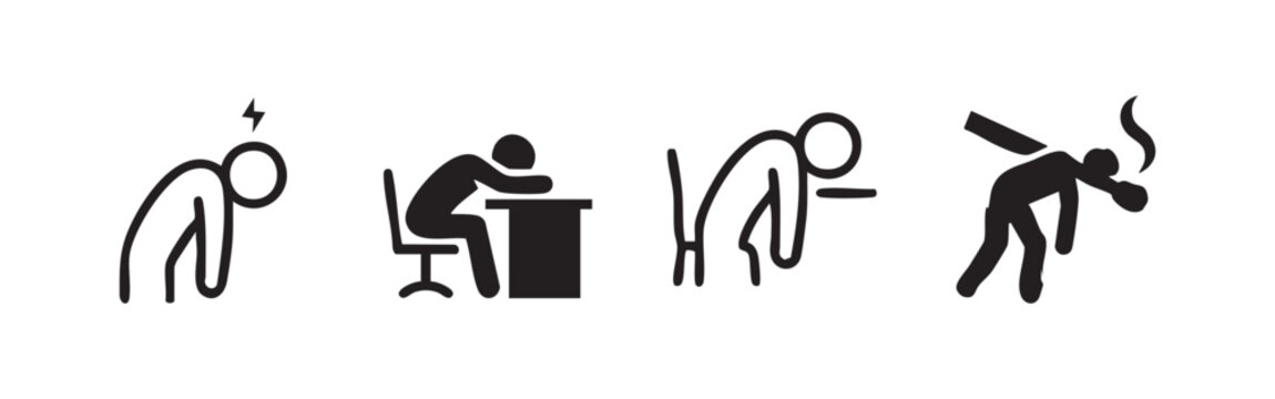 Exhausted stick figure icon set, vector illustration
