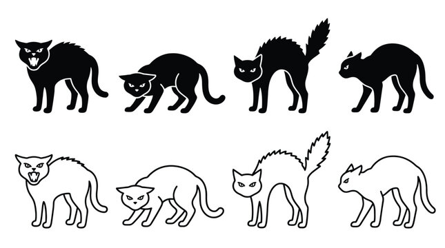 Set of black and white silhouettes of angry cats with arched backs and hissing expressions