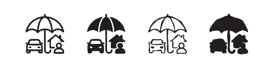 Obraz premium Insurance icons: home, car, person protected by umbrella