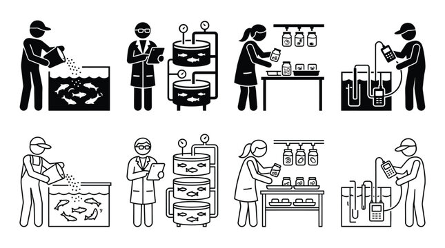 Aquaculture and fish farming icons set, including feeding fish, monitoring water quality, laboratory research and tank management