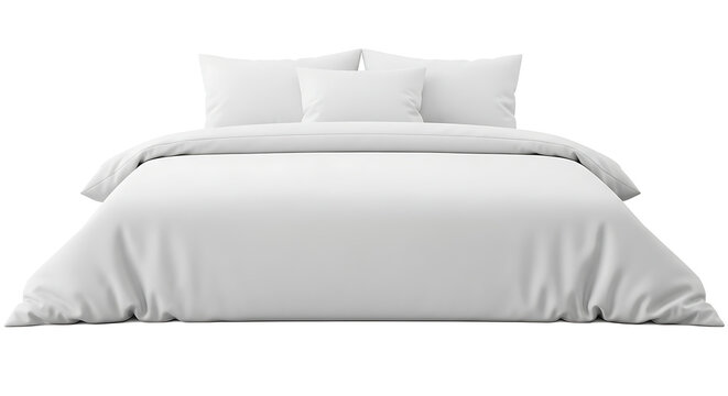 Isolated modern white bed set with fluffy duvet and pillows for interior design mockup, textile bedding presentation